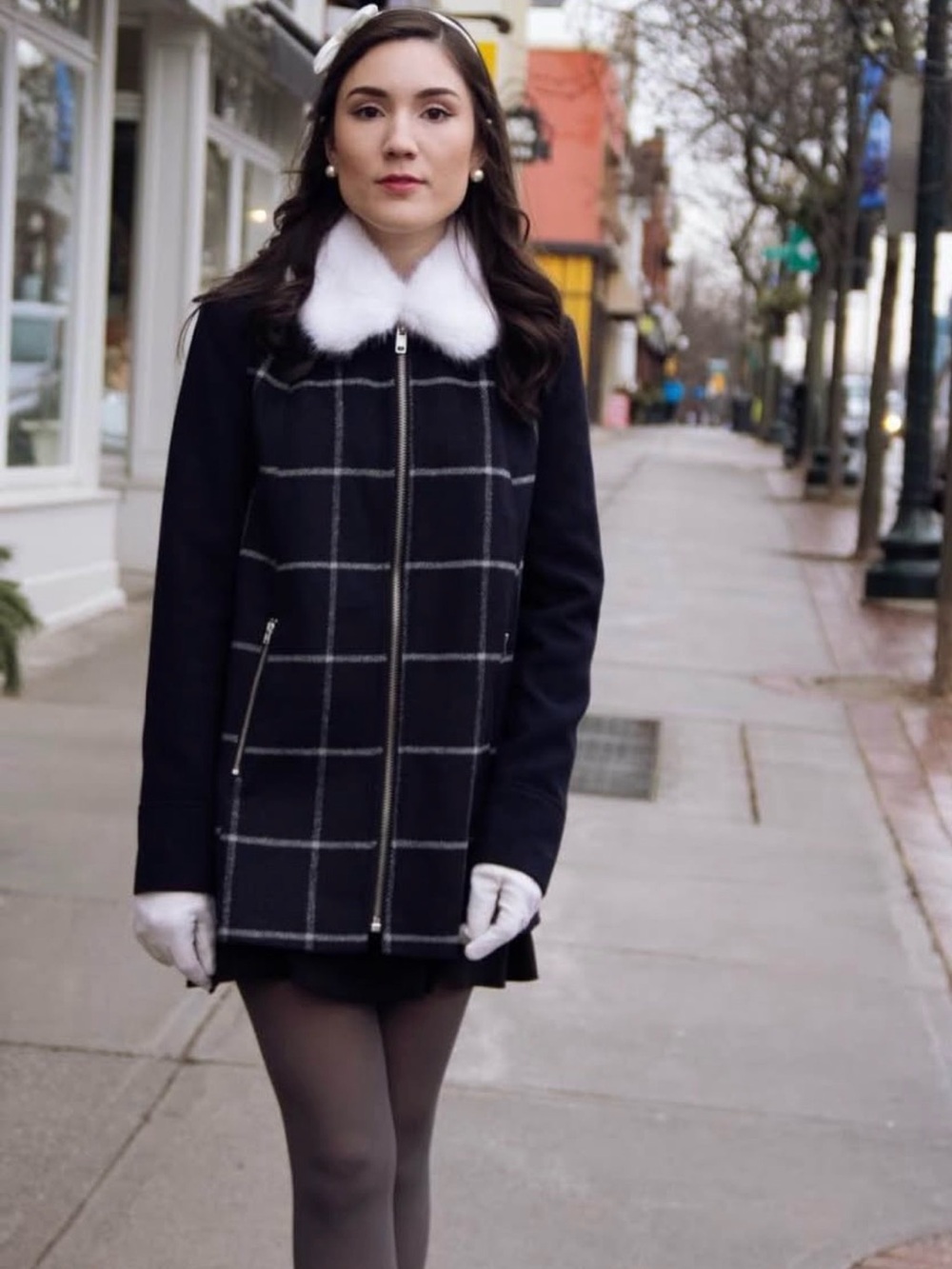 Forever 21 navy blue Windowpane Pea Coat with White Faux Fur Collar
